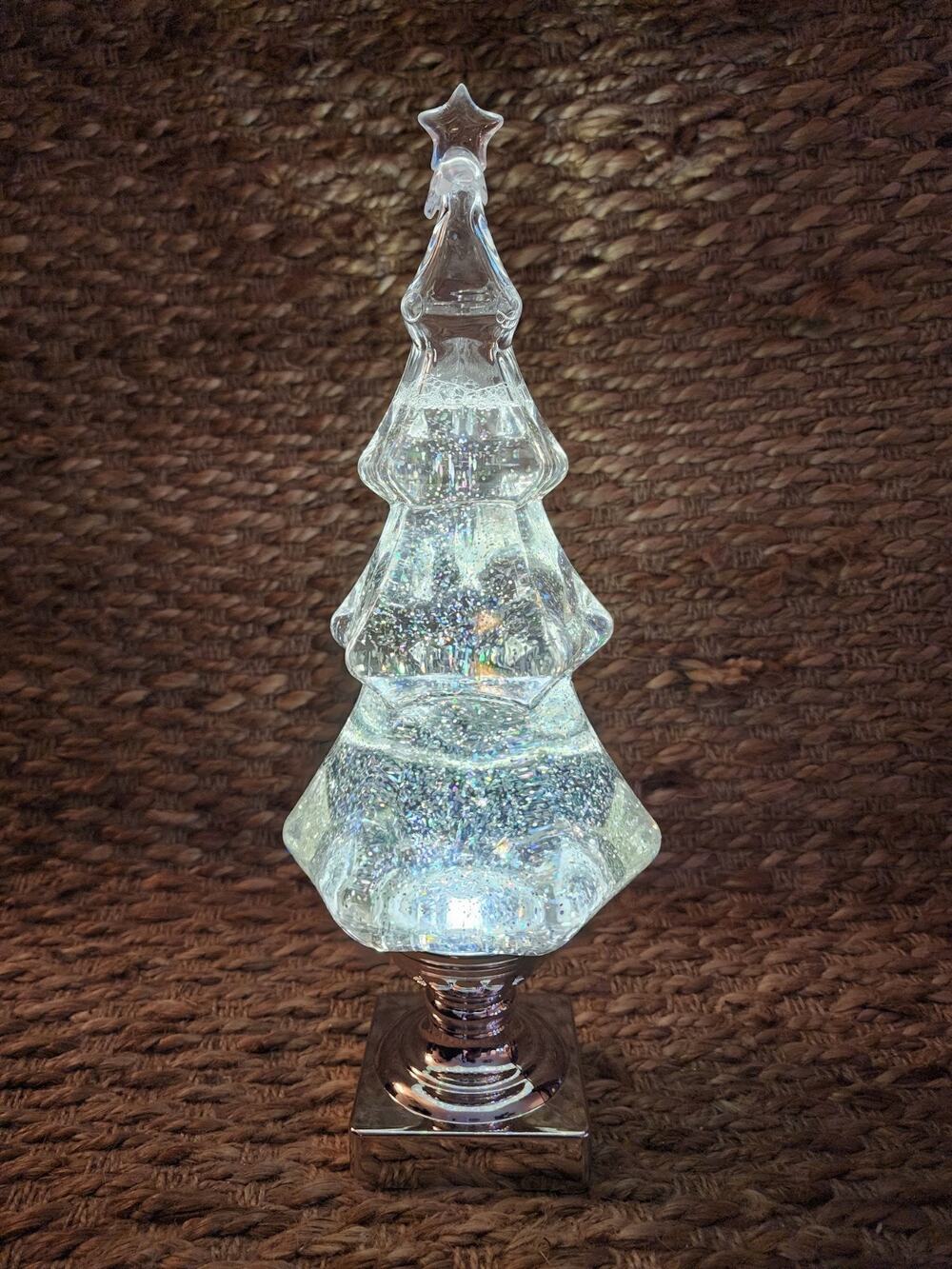 Clear Swirling Light Up Glitter Water Globe Christmas Tree Holiday Decor 14.5"